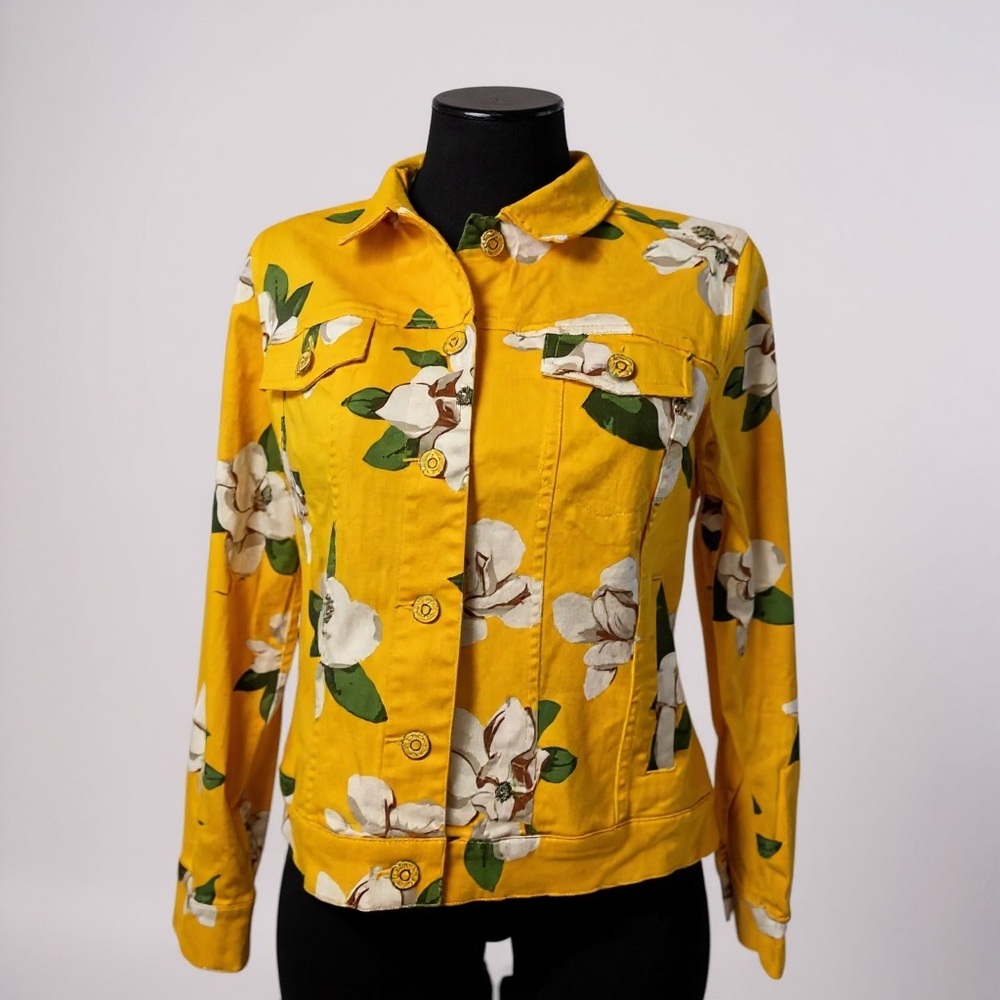 Issac Mizrahi LIVE Yellow Magnolia Print Denim Jacket